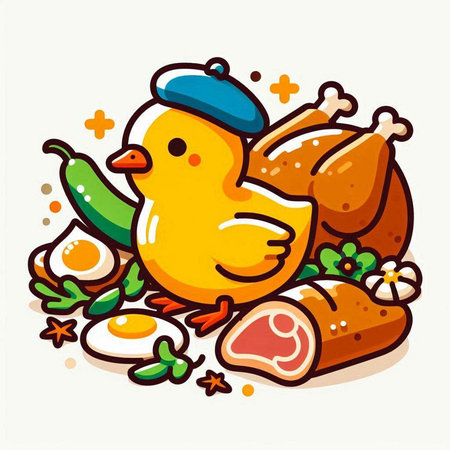 Illustration of a chicken with eggs and vegetables. Vector illustration.のイラスト素材