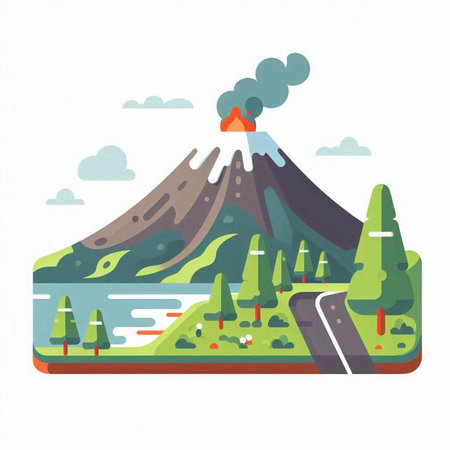 Volcano eruption. Flat style vector illustration isolated on white background.のイラスト素材