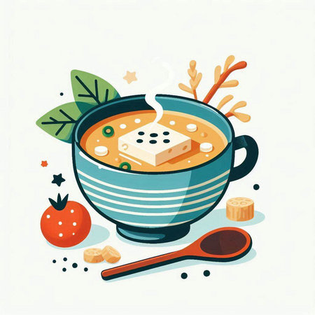 Cup of hot soup with tofu and spices. Vector illustration.のイラスト素材