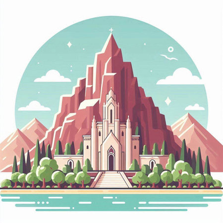 Church in the mountains. Vector illustration in a flat style on a white background.のイラスト素材