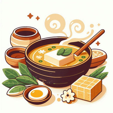 Illustration of a bowl of Japanese miso soup with tofu and eggsのイラスト素材