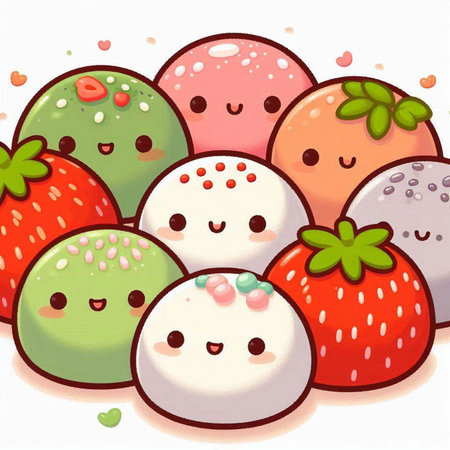 Illustration of a group of strawberry fruit in a cute cartoon styleのイラスト素材