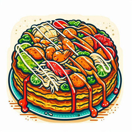 Illustration of a pancake with meat and vegetables on a white backgroundのイラスト素材