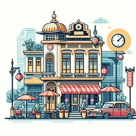 City street with shops and cafes. Vector illustration in flat style.のイラスト素材