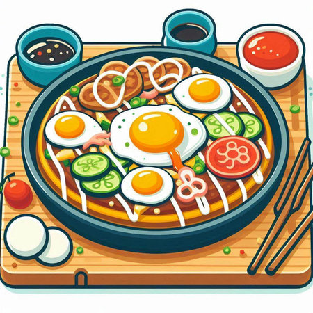 Illustration of a Fried Eggs with Vegetables on a Hot Panのイラスト素材