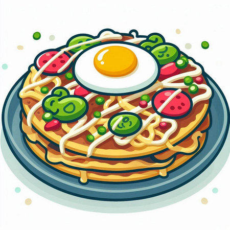 Illustration of a Spaghetti with Tomato Sauce and Fried Egg on a Plateのイラスト素材