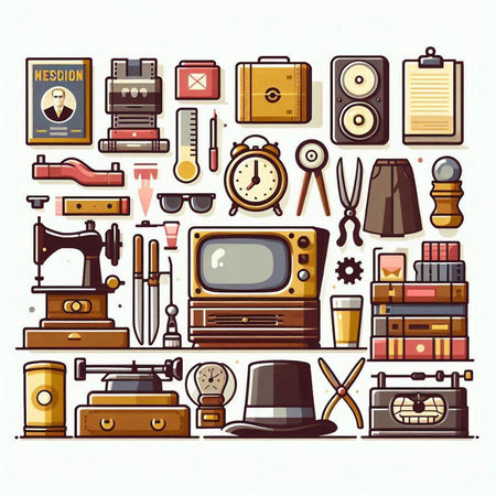 Vector illustration of a set of retro and vintage items in a flat style.のイラスト素材