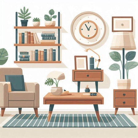 Living room interior with furniture, bookshelf, armchair, clock and plants. Flat vector illustration.のイラスト素材