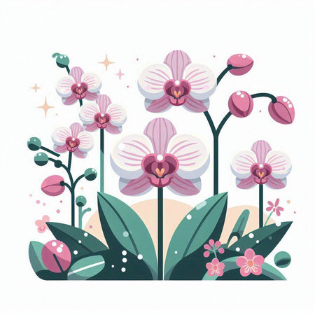 Flower background with orchids and leaves. Vector illustration.のイラスト素材