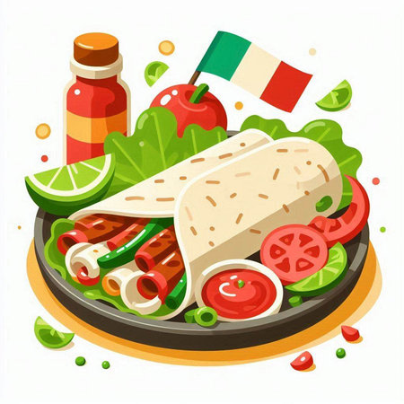 Mexican food. Traditional mexican burrito with meat and vegetables. Vector illustrationのイラスト素材