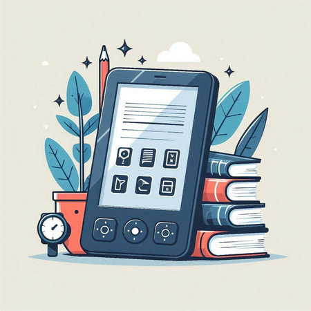 Vector illustration of a flat design of a stack of books, calculator, pencil and clock.のイラスト素材