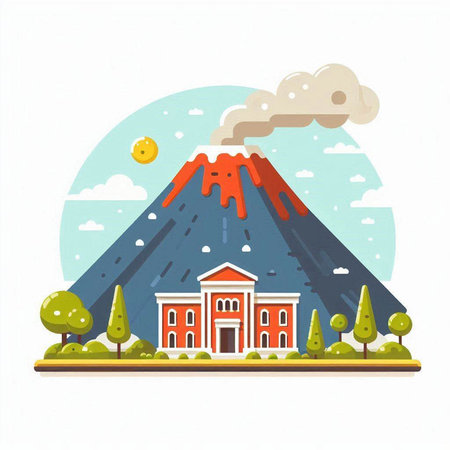 Volcano eruption flat design vector illustration isolated on white background. Landscape with volcano, house, trees and clouds.のイラスト素材