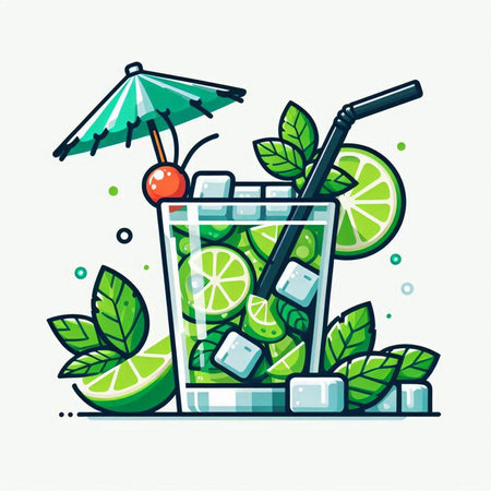 Cocktail with lime, ice and mint. Vector illustration.のイラスト素材
