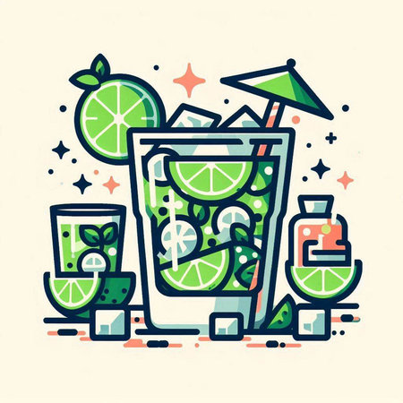 Cocktail icon in thin line style. Vector illustration of mojito.のイラスト素材