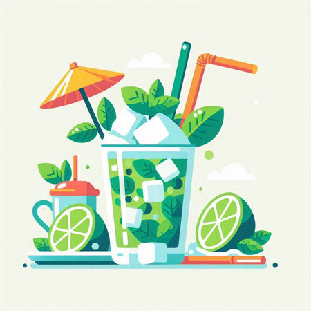 Iced tea with lemon, lime and straws. Vector illustrationのイラスト素材