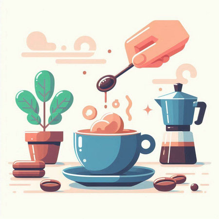 Coffee time flat vector illustration. Coffee cup, coffee pot and coffee beansのイラスト素材