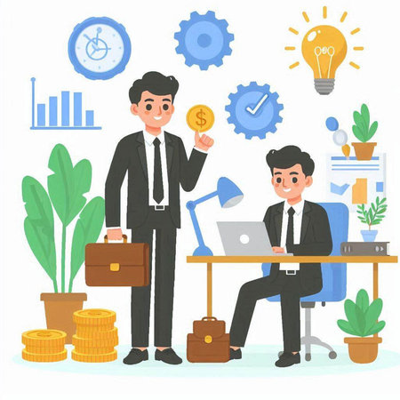 Businessman and businesswoman working together in office, vector illustration.のイラスト素材