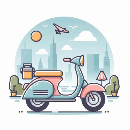 Vintage scooter on the background of the city. Vector illustrationのイラスト素材