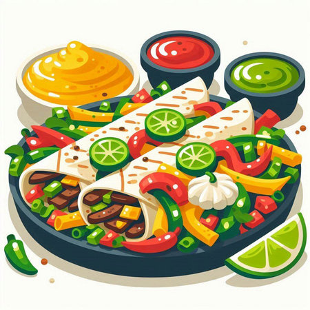 Mexican food vector illustration. Traditional mexican tacos with guacamole and salsaのイラスト素材
