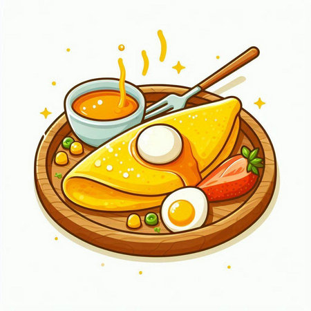 Illustration of omelette on wooden plate with spoon and forkのイラスト素材