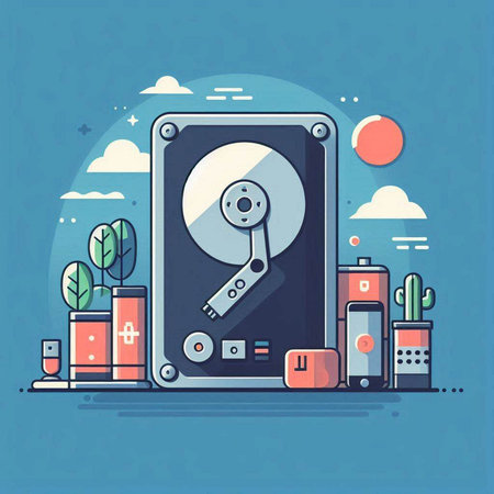 Hard disk and equipment flat design vector illustration. Data storage concept.のイラスト素材