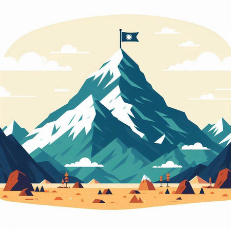 Mountains with a flag. Vector illustration in flat cartoon style.のイラスト素材