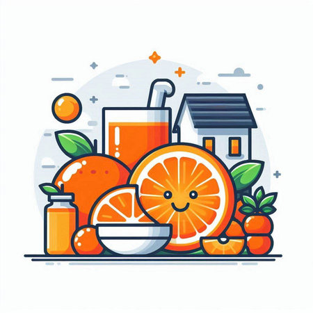Orange juice in glass, fresh orange fruits and home icon. Vector illustrationのイラスト素材