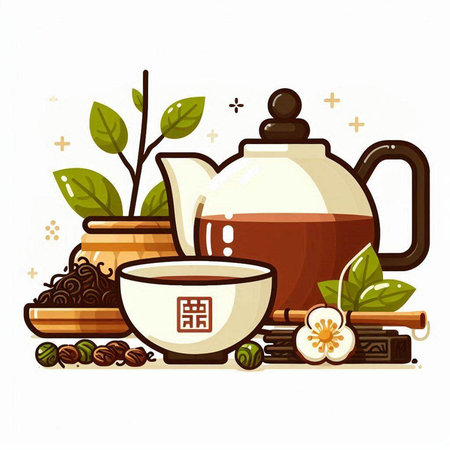 Chinese tea ceremony vector illustration. Teapot, cups, teacups and green leavesのイラスト素材