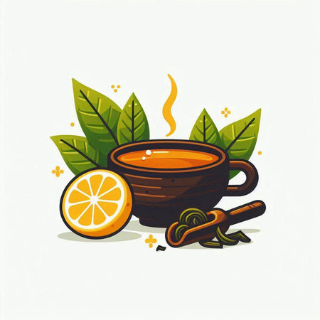 Cup of tea with lemon, cinnamon and green leaves. Vector illustration.のイラスト素材