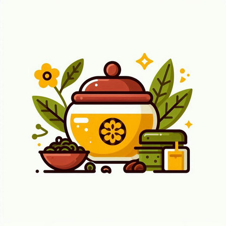 Vector illustration of tea ceremony. Hand drawn icon of teapot, bowl with honey, tea leaves, cup of tea.のイラスト素材