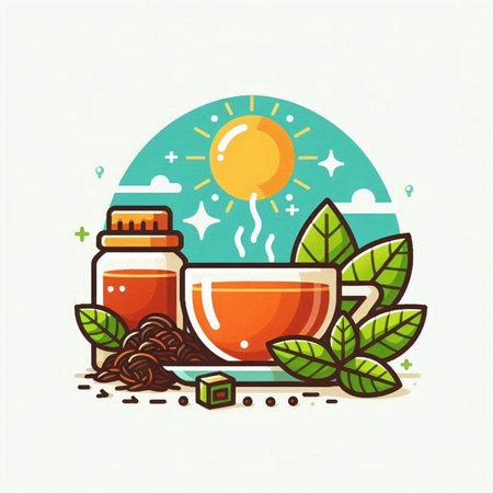 Tea vector illustration. Cup of tea, leaves, sun, sun.のイラスト素材