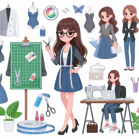 Seamstress and fashion designer girl. Vector illustration in cartoon style.のイラスト素材