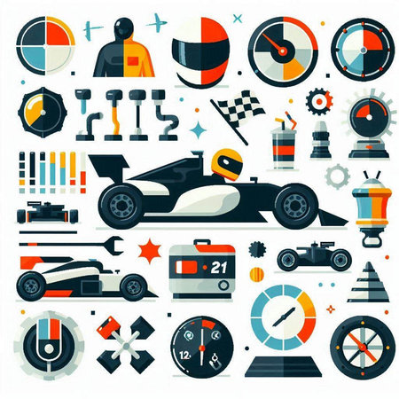 Set of racing car elements and icons. Vector illustration in flat styleのイラスト素材
