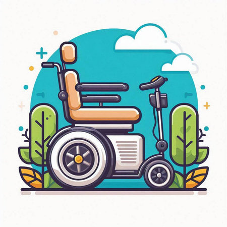 Wheelchair for disabled person. Wheelchair in the park. Wheelchair for disabled person. Wheelchair for disabled person. Wheelchair for disabled person. Vector illustration.のイラスト素材