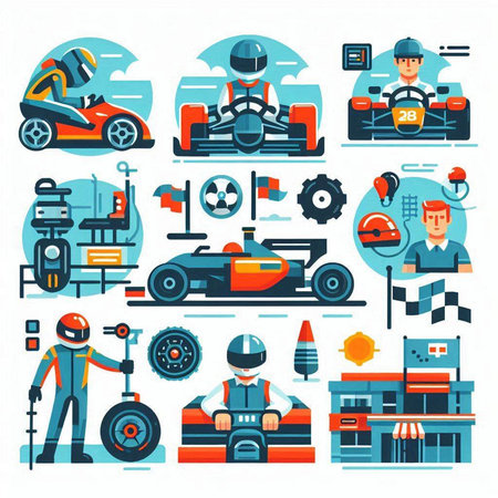 Bartender car racing flat icons set. Vector illustration of karting equipment.のイラスト素材