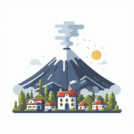 Volcano eruption, active volcano in the background, vector illustration.のイラスト素材
