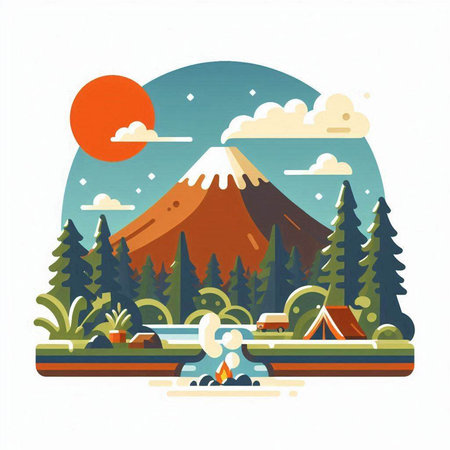Camping in the forest, vector illustration. Flat design style.のイラスト素材