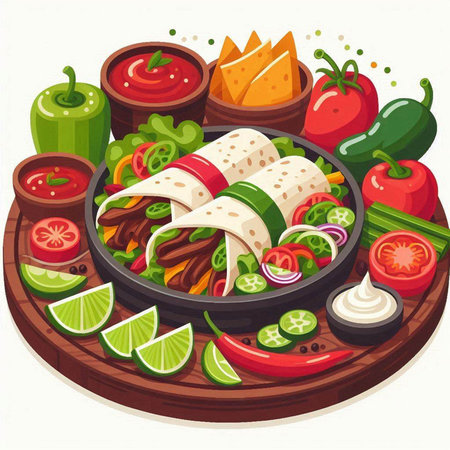 Mexican tacos with guacamole and vegetables. Vector illustrationのイラスト素材