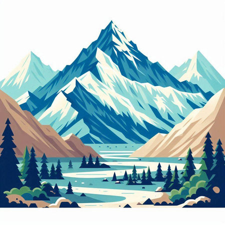 Mountains and lake. Nature landscape. Vector illustration in flat styleのイラスト素材