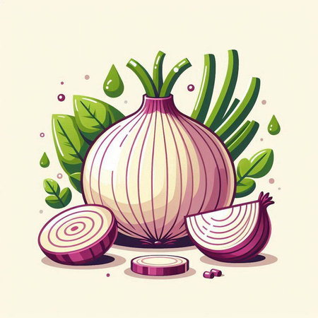 Illustration of a bunch of onions with leaves and pieces of onionのイラスト素材