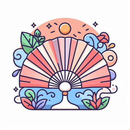 Colorful line art vector illustration of hand fan on the background of the sunのイラスト素材