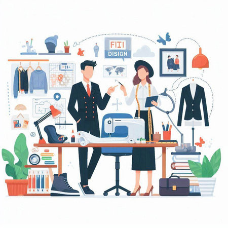 Fashion designer working with sewing machine. Vector illustration in flat styleのイラスト素材