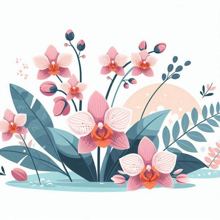 Flower background with orchids. Floral vector illustration.のイラスト素材
