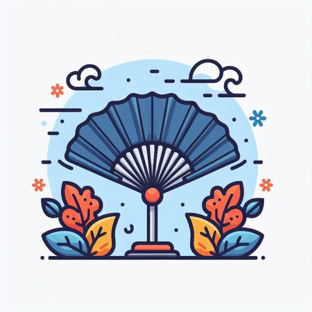Folding fan icon in line art style. Vector hand drawn illustrationのイラスト素材