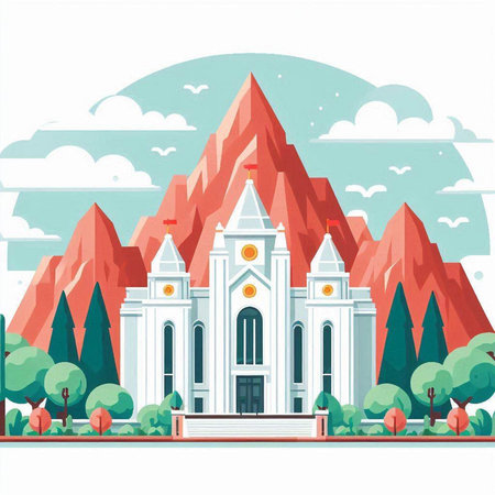 Church on the background of mountains. Vector illustration in flat style.のイラスト素材