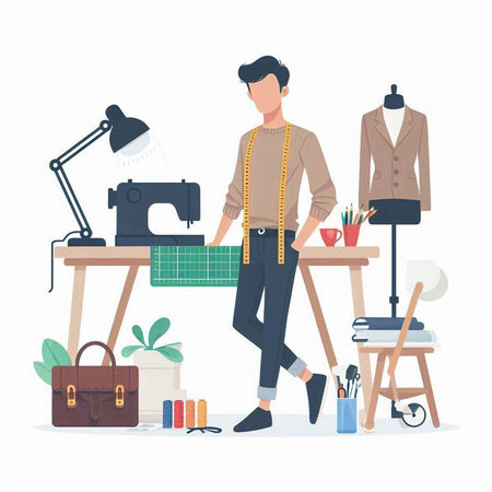 Fashion designer man working at studio. Vector illustration in flat styleのイラスト素材