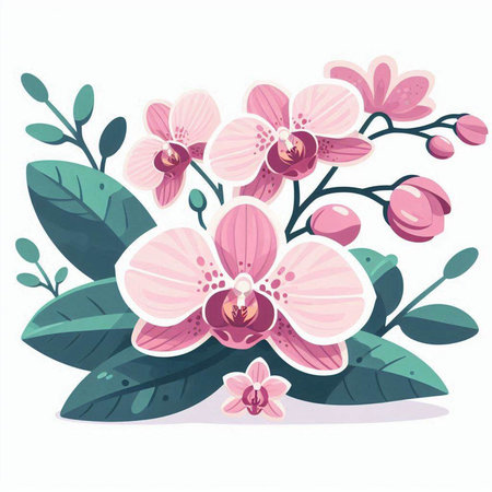 Bouquet of pink orchids with leaves. Vector illustration.のイラスト素材