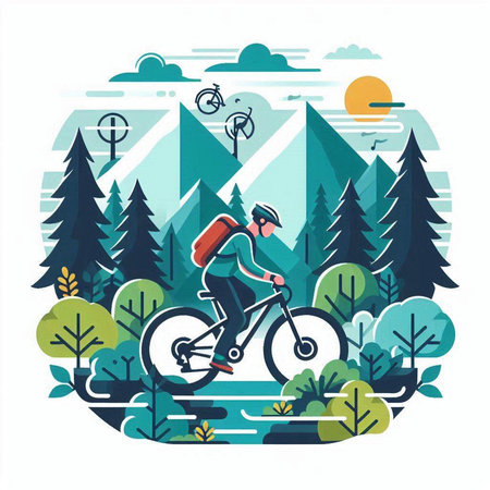 Cyclist in the forest. Flat style vector illustration on white background.のイラスト素材