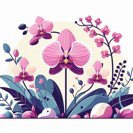 Floral background with orchids and plants. Vector illustration.のイラスト素材