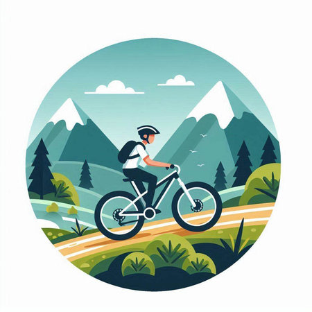 Cyclist riding mountain bike in the forest flat vector illustration.のイラスト素材